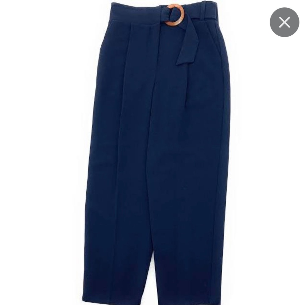 TOPSHOP Navy Blue Belted Cropped Pants with Built-In Belt